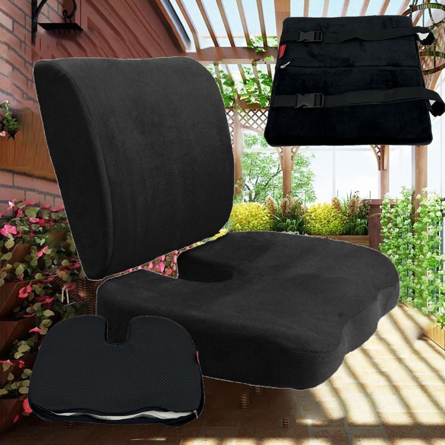 2PC SET - Non Slip High Resilience Memory Foam Coccyx Seat Pad + Lumbar Cushion
