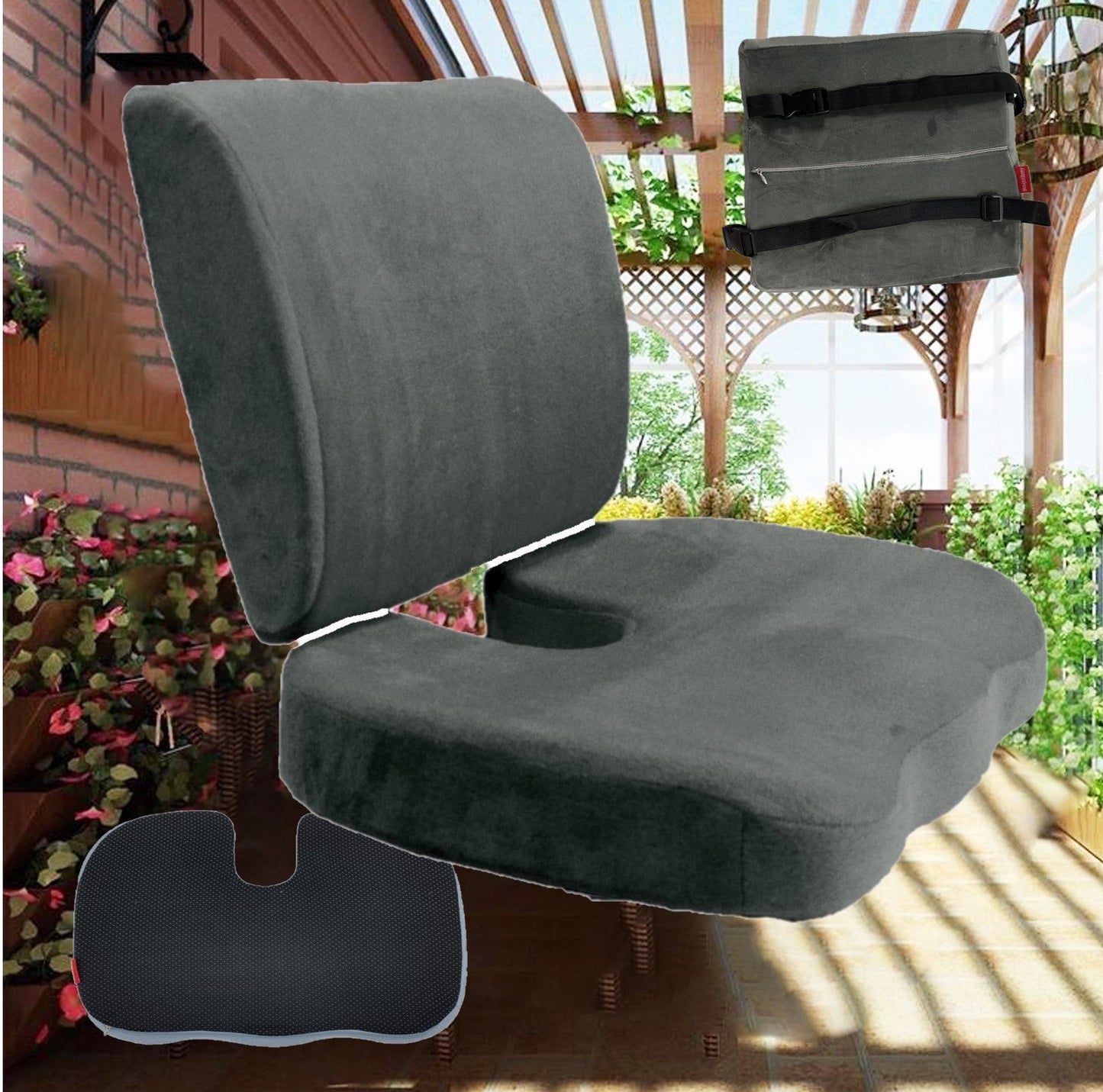 2PC SET - Non Slip High Resilience Memory Foam Coccyx Seat Pad + Lumbar Cushion